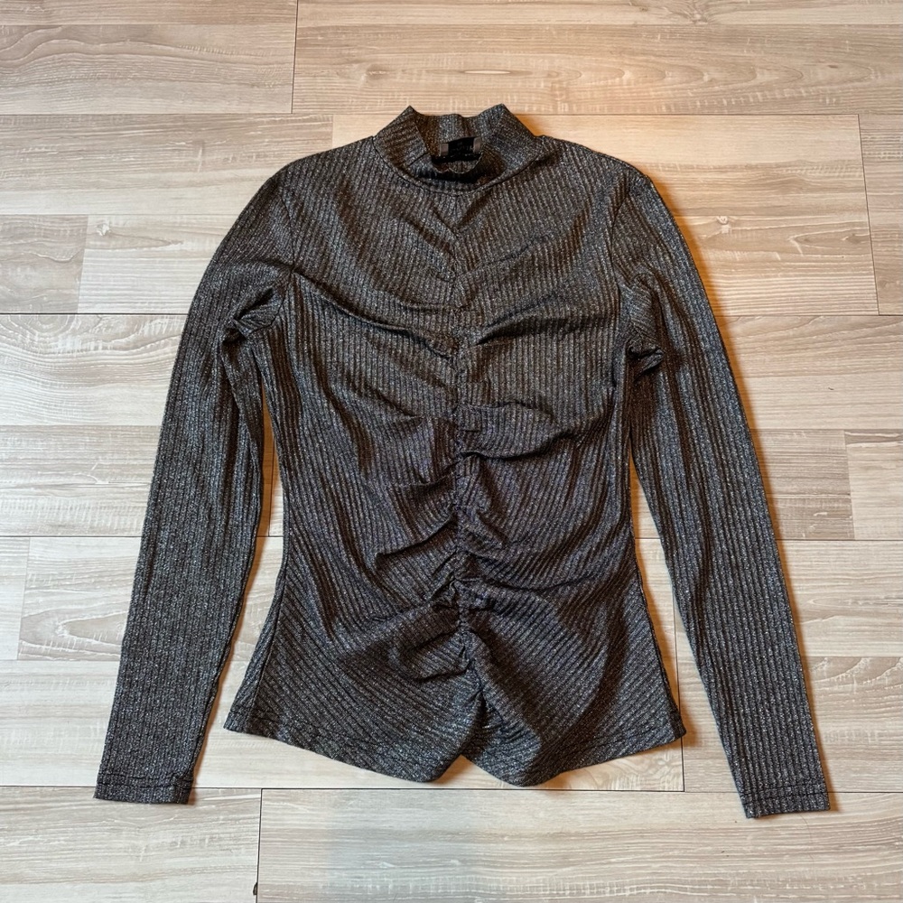 Blank Metallic Ruched Mock Neck Top